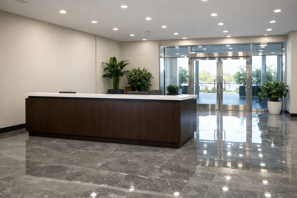 Professional cleaner sanitizing a bright Princeton office