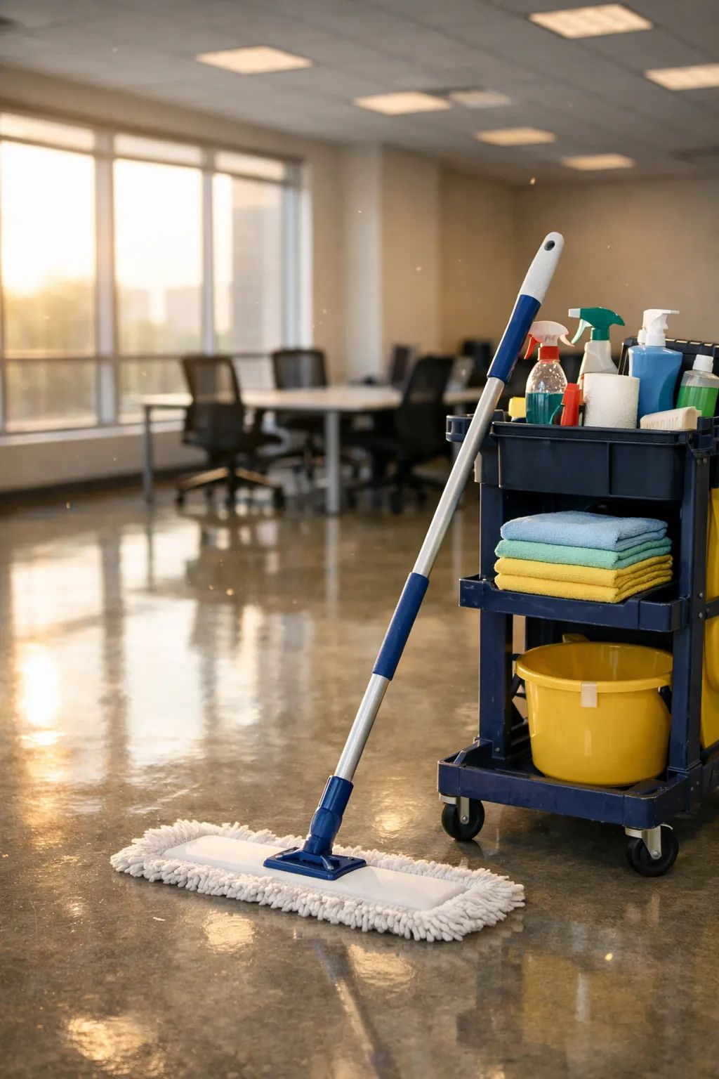 Cleaner wiping a conference room table in a bright Princeton office
